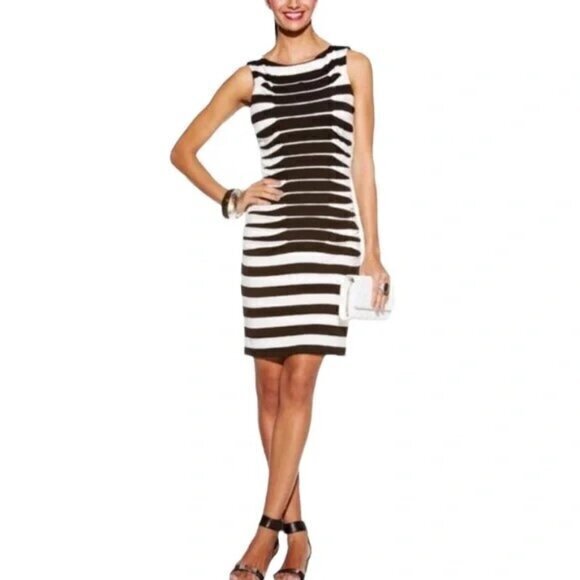 Betsey Johnson Bodycon Ruched Cream‎ & Black Midi Striped Dress- Size 2 - Picture 1 of 10